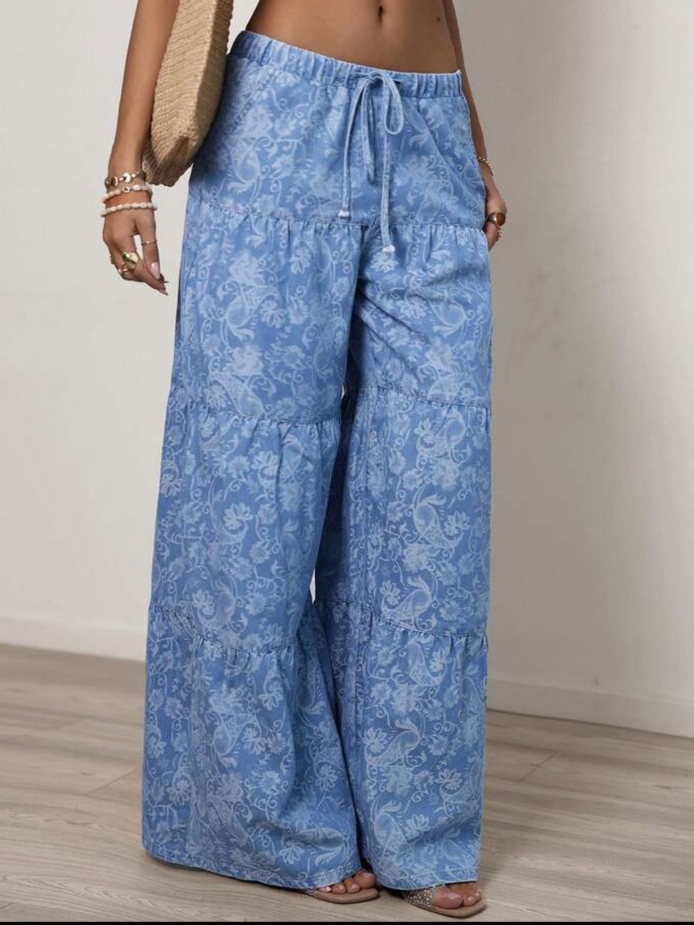 Light Blue Floral Denim Tiered Wide-Leg Palazzo Lounge Pants